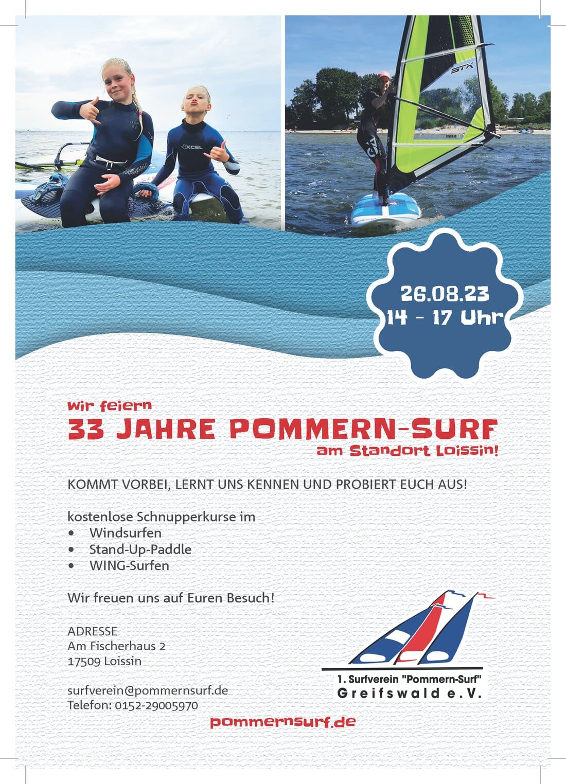 Flyer zum Fest „33 Jahre Pommern-Surf“ am 26. August 2023 in Loissin